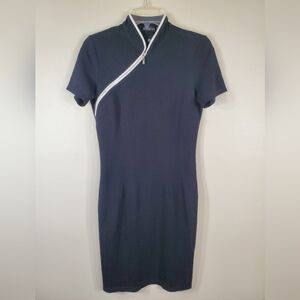 Blue and White Asymmetrical Wrap Mini Dress with Mock Neck